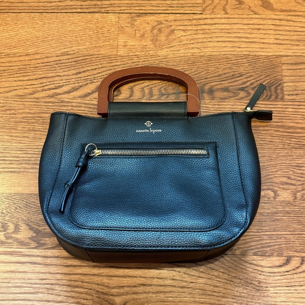 Nanette Lepore Black Pebbled Satchel with Wooden Handles